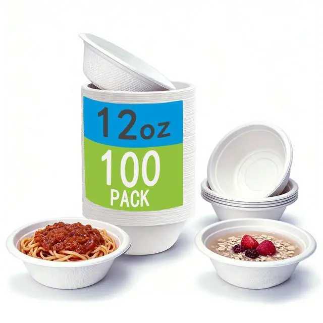 Main image of 12 Oz Disposable Paper Bowls - 100 Pack Compostable Sugarcane Bowls, Heavy Duty Microwave Safe Bowls for Soup, Salad, Party, Home, Office, Takeout, Eco Friendly Biodegradable Bowls White