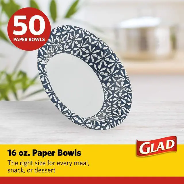 Alt view image 2 of 7 - Round Disposable Paper Bowls, Blue Mosaic Design - Heavy Duty, Soak-Proof, Cut-Resistant, Microwavable Paper Bowls for All Foods, Daily Use, and Special Occasions, 16 oz, 50 Count
