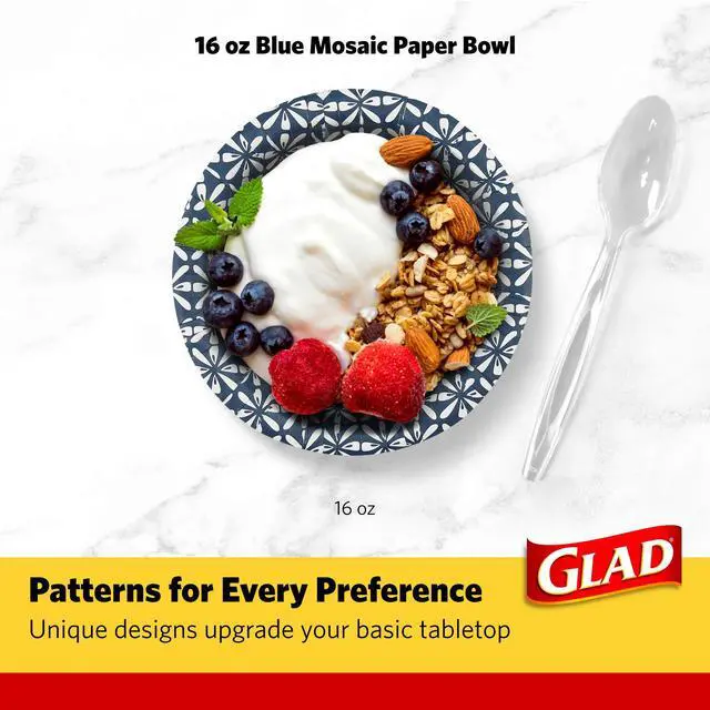 Alt view image 6 of 7 - Round Disposable Paper Bowls, Blue Mosaic Design - Heavy Duty, Soak-Proof, Cut-Resistant, Microwavable Paper Bowls for All Foods, Daily Use, and Special Occasions, 16 oz, 50 Count