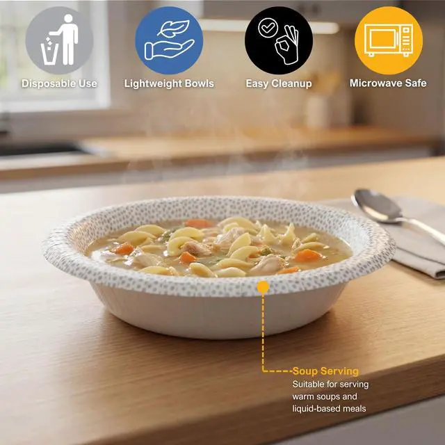 Alt view image 5 of 7 - Disposable Paper Bowls 20 oz, Pack of 40 Bowls, Flecked Collection Heavy Duty Serving Bowls, Oil & Water Resistant, Microwave Safe Disposable Bowls