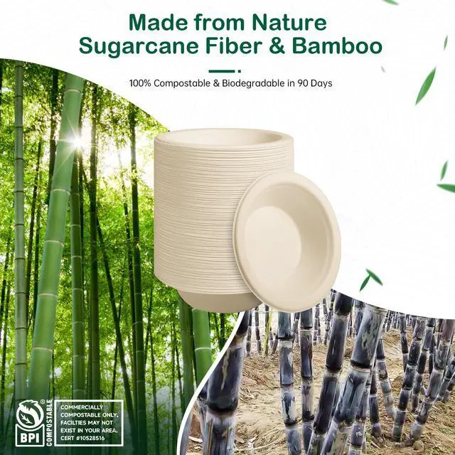 Alt view image 3 of 7 - 8 oz 128-Pack Compostable Paper Bowls, Small Disposable Dessert & Snack Bowls, Heavy-Duty Bagasse Bowls for Ice Cream, Sauce & Kids Meals, Microwave & Freezer Safe, Eco-Friendly (Natural)