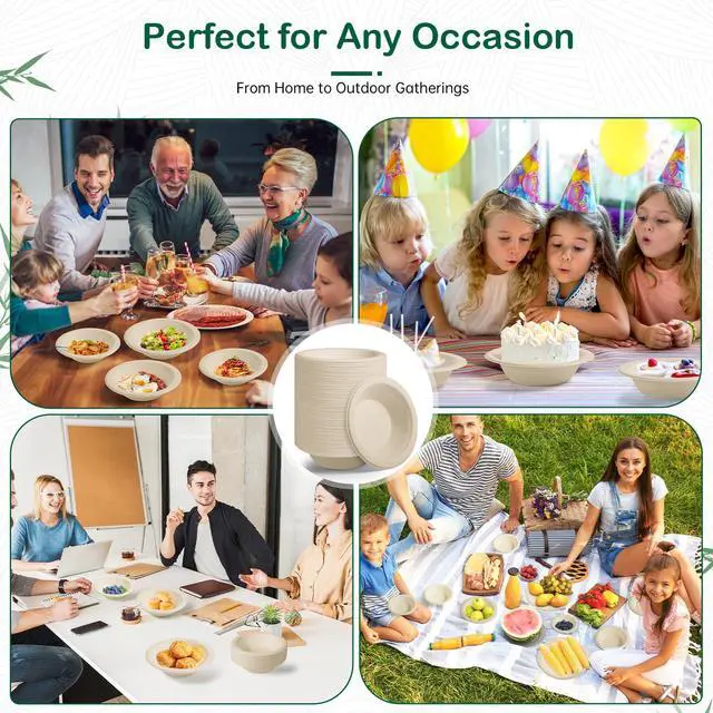 Alt view image 6 of 7 - 8 oz 128-Pack Compostable Paper Bowls, Small Disposable Dessert & Snack Bowls, Heavy-Duty Bagasse Bowls for Ice Cream, Sauce & Kids Meals, Microwave & Freezer Safe, Eco-Friendly (Natural)