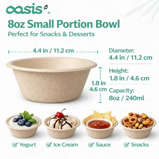 Alt view image 2 of 7 - 8 oz 128-Pack Compostable Paper Bowls, Small Disposable Dessert & Snack Bowls, Heavy-Duty Bagasse Bowls for Ice Cream, Sauce & Kids Meals, Microwave & Freezer Safe, Eco-Friendly (Natural)