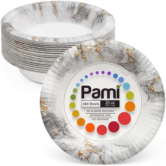 Main image of Disposable Paper Bowls 20 oz, Pack of 40 Bowls, Smoky Gold Collection Heavy Duty Serving Bowls, Oil & Water Resistant, Microwave Safe
