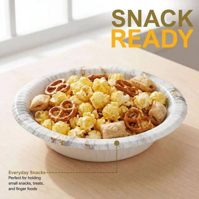 Alt view image 4 of 7 - Disposable Paper Bowls 20 oz, Pack of 40 Bowls, Smoky Gold Collection Heavy Duty Serving Bowls, Oil & Water Resistant, Microwave Safe