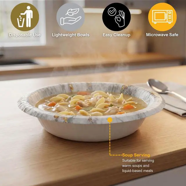 Alt view image 5 of 7 - Disposable Paper Bowls 20 oz, Pack of 40 Bowls, Smoky Gold Collection Heavy Duty Serving Bowls, Oil & Water Resistant, Microwave Safe