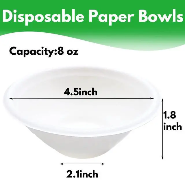 Alt view image 2 of 7 - 100 Pack White Disposable Paper Bowls, 8oz Natural Compostable, Eco-friendly Paper Biodegradable Bowls for Party, Salad, Dessert