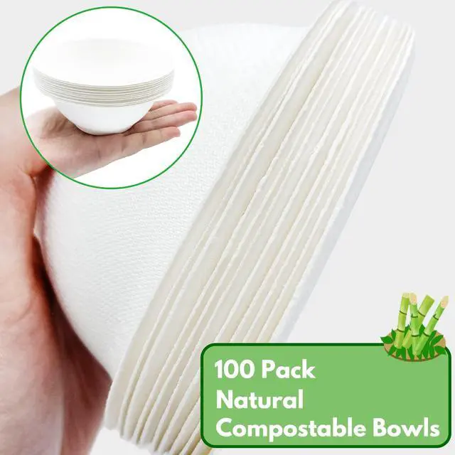 Alt view image 3 of 7 - 100 Pack White Disposable Paper Bowls, 8oz Natural Compostable, Eco-friendly Paper Biodegradable Bowls for Party, Salad, Dessert