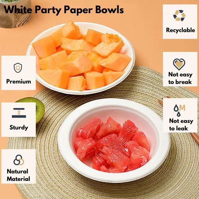 Alt view image 6 of 7 - 100 Pack White Disposable Paper Bowls, 8oz Natural Compostable, Eco-friendly Paper Biodegradable Bowls for Party, Salad, Dessert