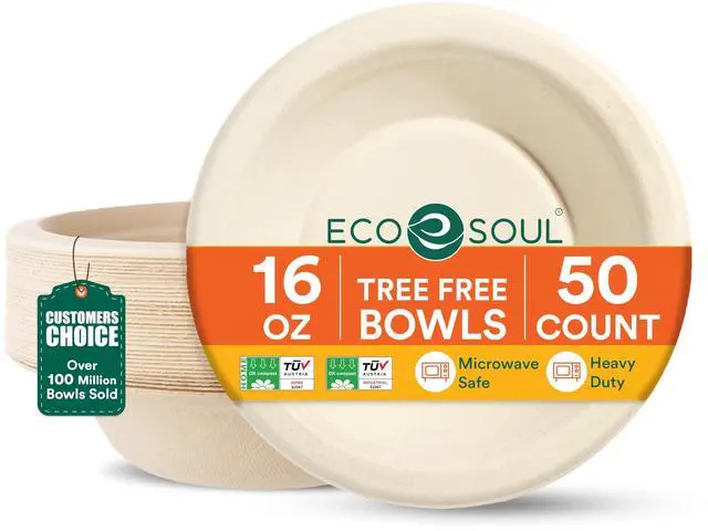 Main image of Disposable Paper Bowls 16 oz, 50 Pack Biodegradable Compostable Sugarcane Bagasse Bowls, Heavy Duty & Microwave Safe, Large Bowls for Serving Soup, Noodles, Pasta, Salad Natural Brown