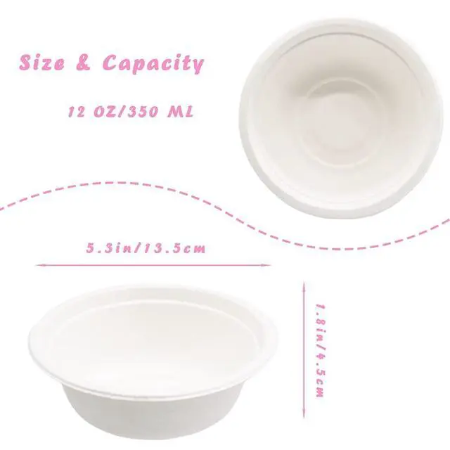 Alt view image 2 of 7 - 100 PCS 12 OZ Disposable Paper Bowls,100% Compostable Biodgradble Bowl,350ml White Party Paper Bowl,Natural Sugarcane Fibers Bowls for Parties Catering