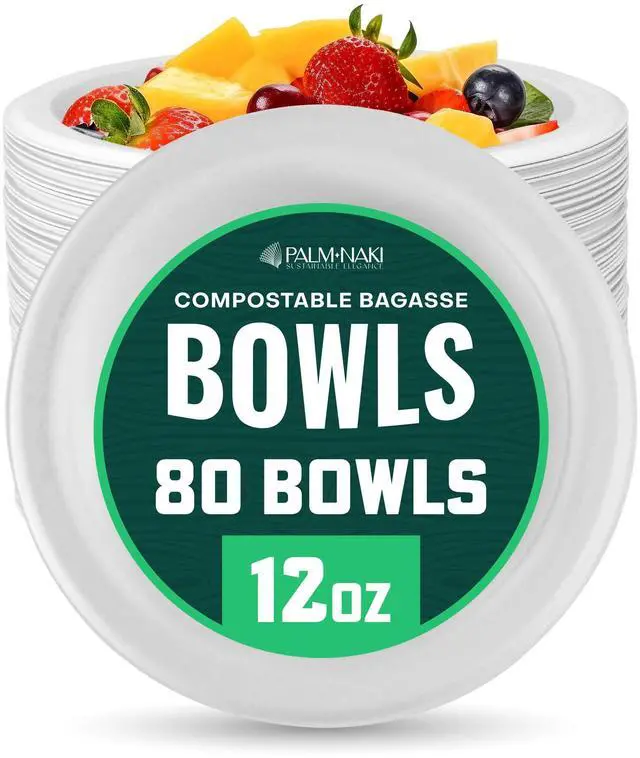 Main image of 12 oz Heavy Duty Paper Bowls | 100% Compostable & Biodegradable | Natural Sugarcane Bagasse & Bamboo Pulp | Leak-Resistant & Sturdy | Microwave & Freezer Safe | PFAS-Free | 80-Pack | Palm Naki