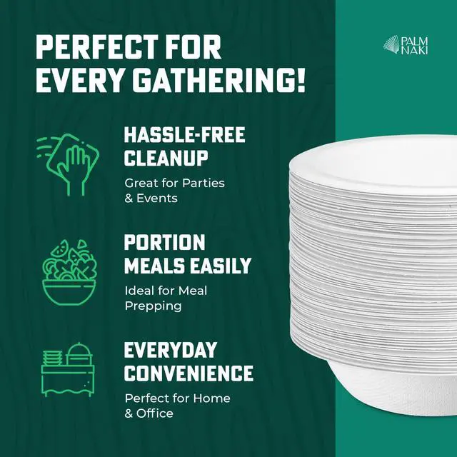 Alt view image 7 of 7 - 12 oz Heavy Duty Paper Bowls | 100% Compostable & Biodegradable | Natural Sugarcane Bagasse & Bamboo Pulp | Leak-Resistant & Sturdy | Microwave & Freezer Safe | PFAS-Free | 80-Pack | Palm Naki