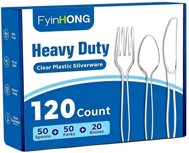 Main image of 120 Count Heavy Duty Plastic Silverware, Disposable Clear Plastic Utensils Set, 50 Forks, 50 Spoons, 20 Knives, BPA-Free, Heat Resistant; Cutlery Set for Party