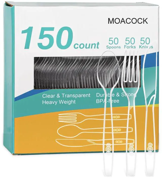 Main image of 150 Pcs Clear Plastic Silverware, Heavy Weight Plastic Forks Spoons Knives Disposable Utensils Cutlery Set for Wedding Party Supplies Everyday Use