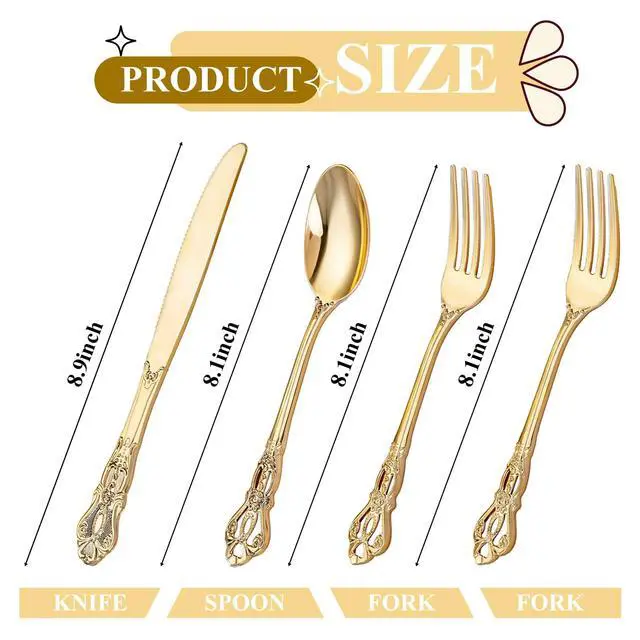 Alt view image 2 of 7 - 40PCS Gold Plastic Silverware - Heavy Duty Elegant Disposable Utensils - Gold Plastic Cutlery Set Includes 20 Forks, 10 Spoons, 10 Knives for Dinner, Parties, Weddings