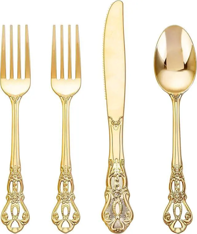 Main image of 40PCS Gold Plastic Silverware - Heavy Duty Elegant Disposable Utensils - Gold Plastic Cutlery Set Includes 20 Forks, 10 Spoons, 10 Knives for Dinner, Parties, Weddings