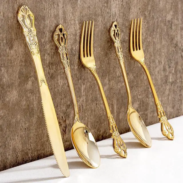 Alt view image 3 of 7 - 40PCS Gold Plastic Silverware - Heavy Duty Elegant Disposable Utensils - Gold Plastic Cutlery Set Includes 20 Forks, 10 Spoons, 10 Knives for Dinner, Parties, Weddings