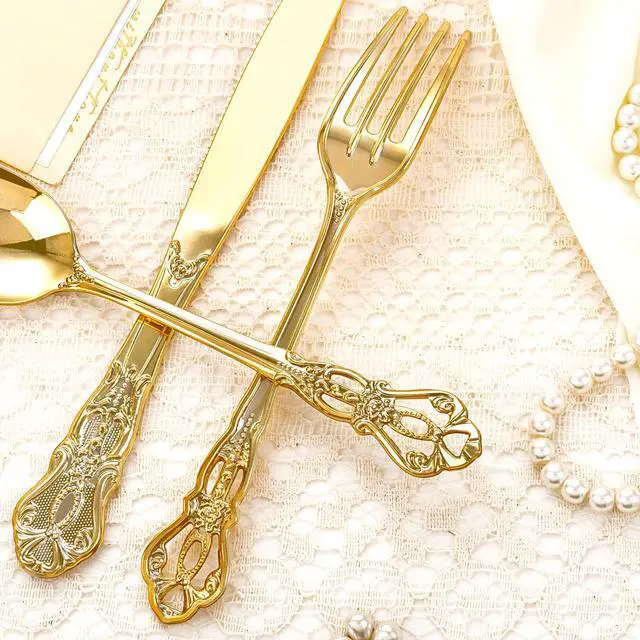 Alt view image 4 of 7 - 40PCS Gold Plastic Silverware - Heavy Duty Elegant Disposable Utensils - Gold Plastic Cutlery Set Includes 20 Forks, 10 Spoons, 10 Knives for Dinner, Parties, Weddings