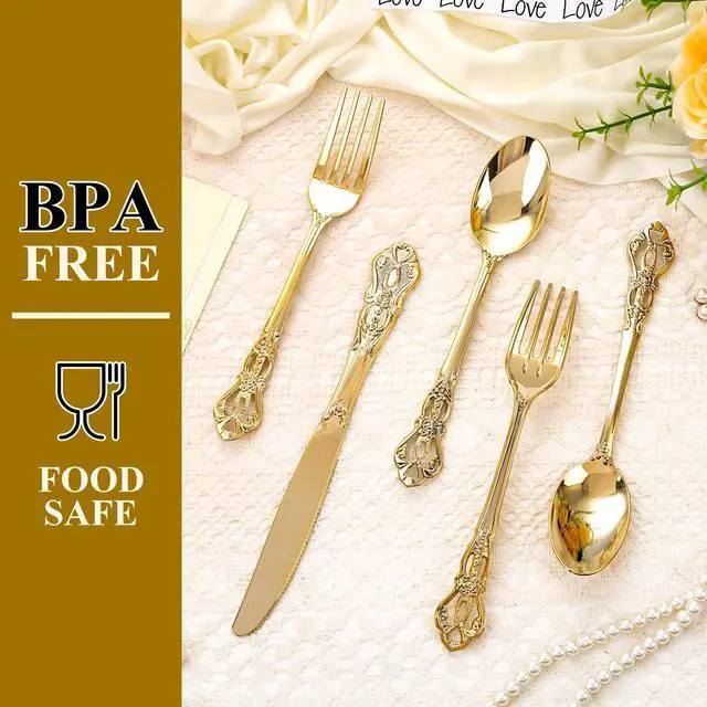 Alt view image 5 of 7 - 40PCS Gold Plastic Silverware - Heavy Duty Elegant Disposable Utensils - Gold Plastic Cutlery Set Includes 20 Forks, 10 Spoons, 10 Knives for Dinner, Parties, Weddings