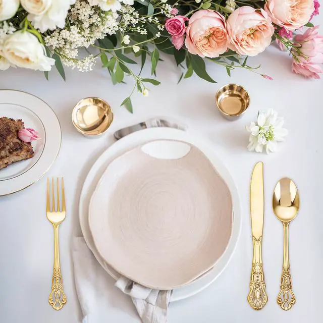 Alt view image 7 of 7 - 40PCS Gold Plastic Silverware - Heavy Duty Elegant Disposable Utensils - Gold Plastic Cutlery Set Includes 20 Forks, 10 Spoons, 10 Knives for Dinner, Parties, Weddings