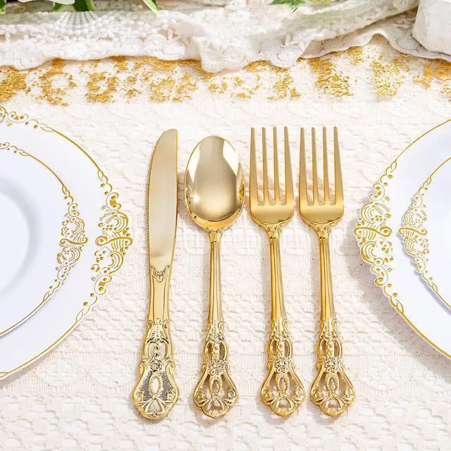 Alt view image 6 of 7 - 40PCS Gold Plastic Silverware - Heavy Duty Elegant Disposable Utensils - Gold Plastic Cutlery Set Includes 20 Forks, 10 Spoons, 10 Knives for Dinner, Parties, Weddings