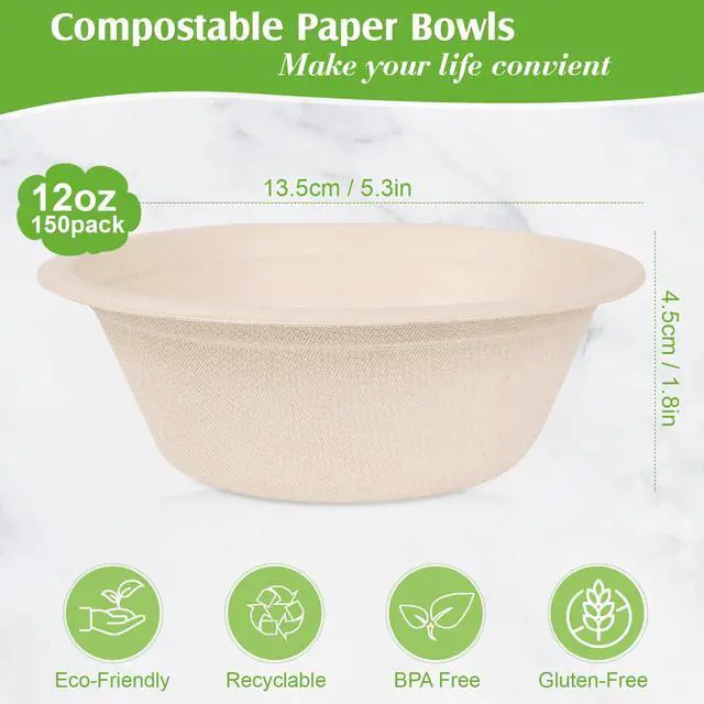 Alt view image 2 of 7 - 150 Pack Paper Bowls Disposable 12 OZ - Heavy-Duty 100% Compostable Eco-Friendly Biodegradable Soup Bowls, Heat Resistant Bagasse Bowls with Box, Suitable for Salad, Dessert, Milk, Cereals