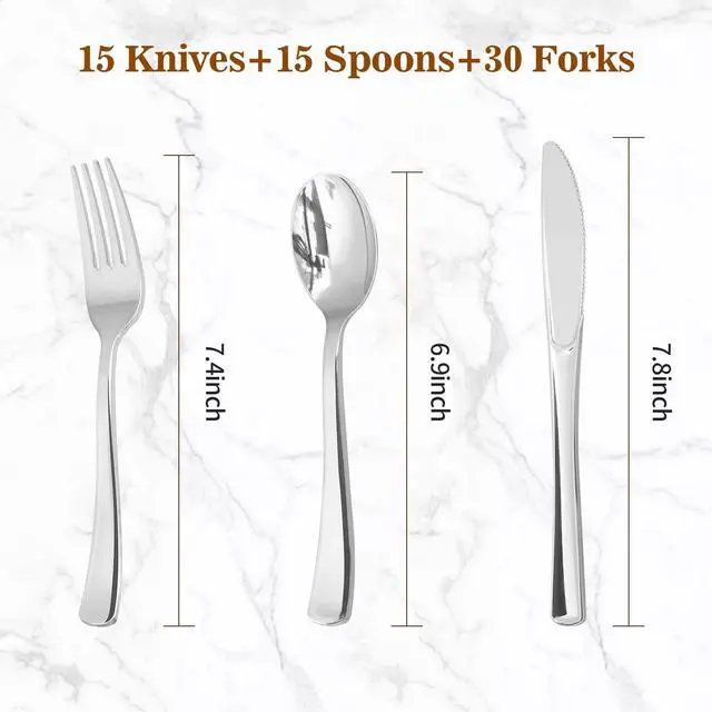 Alt view image 2 of 7 - 60PCS Silver Plastic Silverware, Silver Disposable Utensils, Heavy Duty Cutlery Set of 30 Forks, 15 Spoons, 15 Knives for Party, Christmas, Wedding, Catering and Daily Use