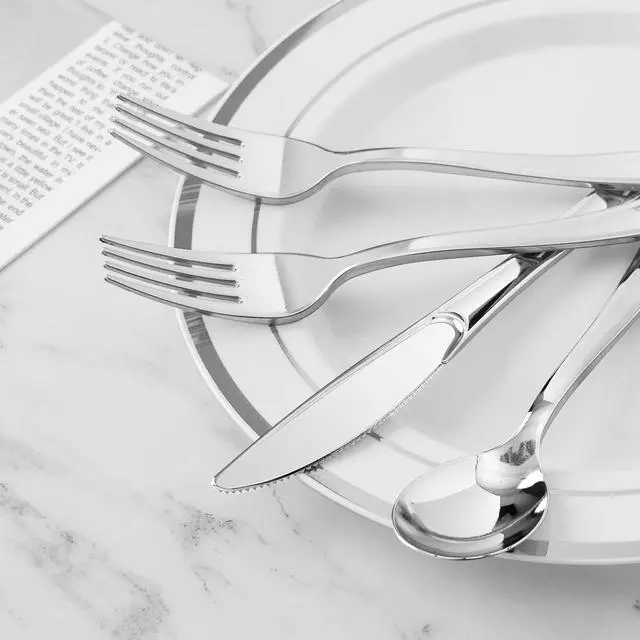 Alt view image 3 of 7 - 60PCS Silver Plastic Silverware, Silver Disposable Utensils, Heavy Duty Cutlery Set of 30 Forks, 15 Spoons, 15 Knives for Party, Christmas, Wedding, Catering and Daily Use