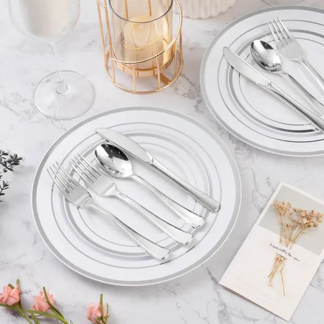 Alt view image 5 of 7 - 60PCS Silver Plastic Silverware, Silver Disposable Utensils, Heavy Duty Cutlery Set of 30 Forks, 15 Spoons, 15 Knives for Party, Christmas, Wedding, Catering and Daily Use
