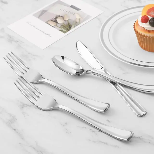 Alt view image 4 of 7 - 60PCS Silver Plastic Silverware, Silver Disposable Utensils, Heavy Duty Cutlery Set of 30 Forks, 15 Spoons, 15 Knives for Party, Christmas, Wedding, Catering and Daily Use