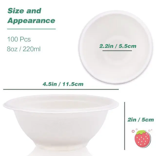 Alt view image 2 of 7 - 100 Pcs 8oz Disposable Paper Bowls - Natural Compostable White Heavy-Duty Bagasse for Parties, Catering and Everyday Use