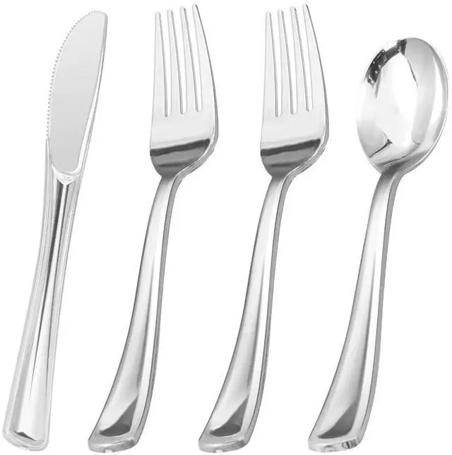 Main image of 60PCS Silver Plastic Silverware, Silver Disposable Utensils, Heavy Duty Cutlery Set of 30 Forks, 15 Spoons, 15 Knives for Party, Christmas, Wedding, Catering and Daily Use