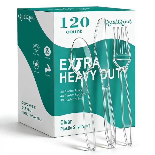 Main image of 120 Count Heavy Duty Clear Plastic Silverware, 40 Forks, 40 Spoons, 40 Knives, BPA-Free and Heat Resistant, Disposable Cutlery set, Premium Clear Utencils for Party and Daily Use
