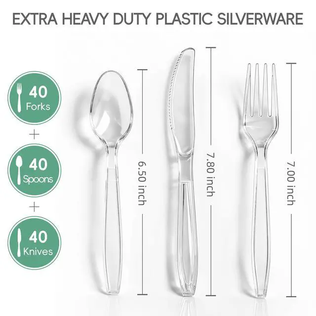 Alt view image 3 of 7 - 120 Count Heavy Duty Clear Plastic Silverware, 40 Forks, 40 Spoons, 40 Knives, BPA-Free and Heat Resistant, Disposable Cutlery set, Premium Clear Utencils for Party and Daily Use