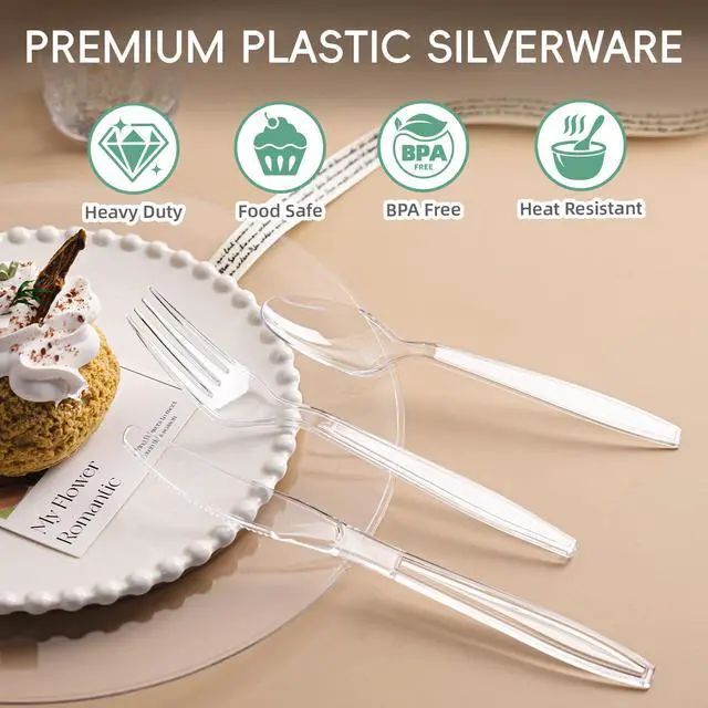 Alt view image 4 of 7 - 120 Count Heavy Duty Clear Plastic Silverware, 40 Forks, 40 Spoons, 40 Knives, BPA-Free and Heat Resistant, Disposable Cutlery set, Premium Clear Utencils for Party and Daily Use