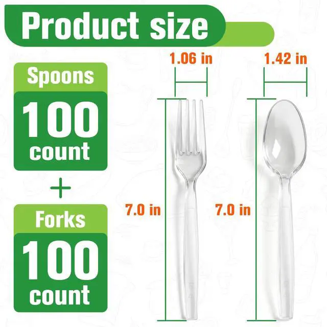 Alt view image 2 of 7 - 200 Count Plastic Silverware Heavy Duty,Clear Plastic Forks and Spoons, 100 Spoons & 100 Forks,BPA-Free,Heat Resistant Disposable Cutlery Utensil Set for Catering & Events, Daily Use