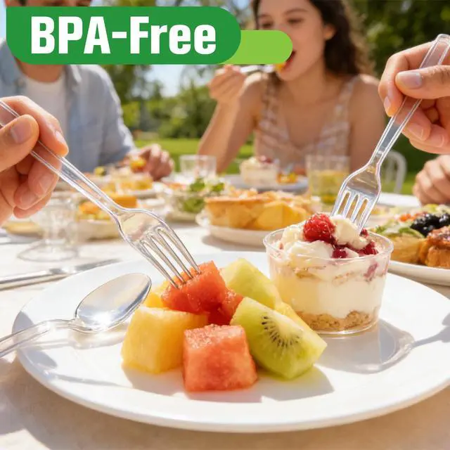 Alt view image 3 of 7 - 200 Count Plastic Silverware Heavy Duty,Clear Plastic Forks and Spoons, 100 Spoons & 100 Forks,BPA-Free,Heat Resistant Disposable Cutlery Utensil Set for Catering & Events, Daily Use