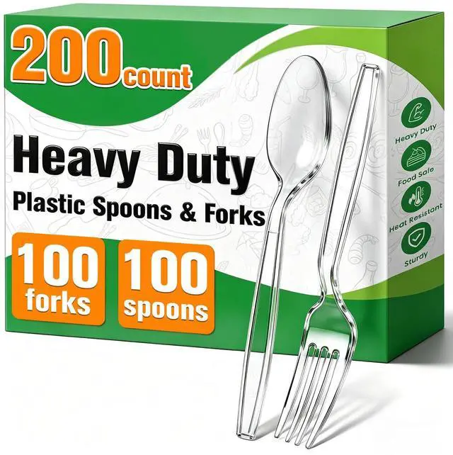 Main image of 200 Count Plastic Silverware Heavy Duty,Clear Plastic Forks and Spoons, 100 Spoons & 100 Forks,BPA-Free,Heat Resistant Disposable Cutlery Utensil Set for Catering & Events, Daily Use