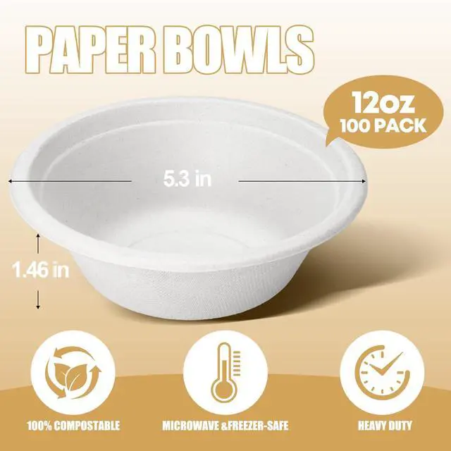 Alt view image 5 of 7 - Paper Bowls Disposable, Compostable, 12 oz, 100 Pack