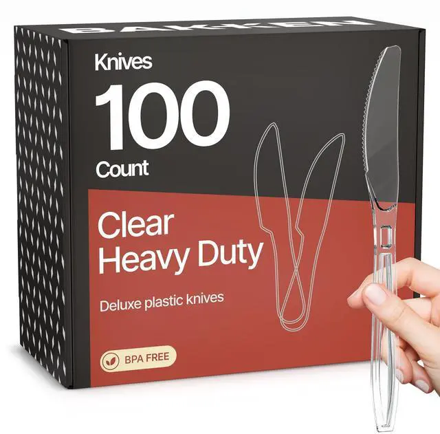 Main image of Disposable Cutlery Set 100 Pieces Knives, Heavy Duty Plastic Silverware, BPA-Free Food-Grade Materials, Heat-Resistant, Reusable Utensils for Parties, Catering, BBQs, and Everyday Use, Clear