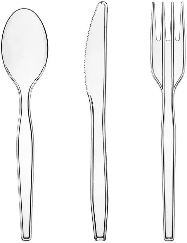 Main image of Medium Weight Plastic Cutlery Combo Set, Includes Knives/Forks/Spoons, 300 Pieces/100 Place Settings, Clear