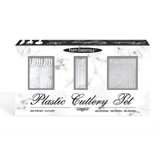 Alt view image 3 of 7 - Medium Weight Plastic Cutlery Combo Set, Includes Knives/Forks/Spoons, 300 Pieces/100 Place Settings, Clear