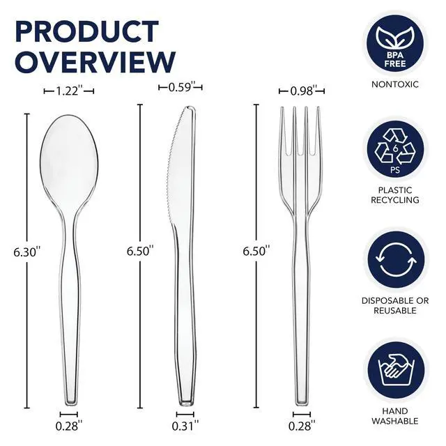 Alt view image 2 of 7 - Medium Weight Plastic Cutlery Combo Set, Includes Knives/Forks/Spoons, 300 Pieces/100 Place Settings, Clear