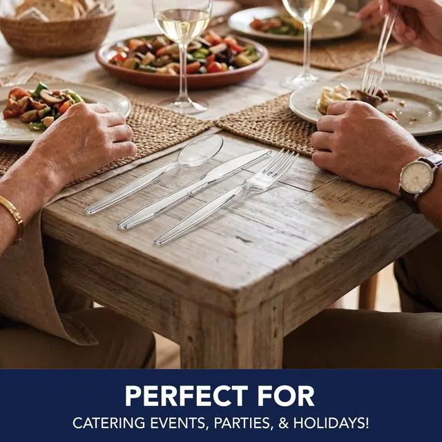 Alt view image 7 of 7 - Medium Weight Plastic Cutlery Combo Set, Includes Knives/Forks/Spoons, 300 Pieces/100 Place Settings, Clear