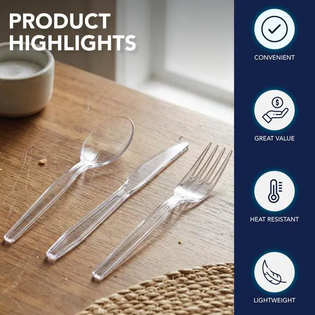 Alt view image 5 of 7 - Medium Weight Plastic Cutlery Combo Set, Includes Knives/Forks/Spoons, 300 Pieces/100 Place Settings, Clear