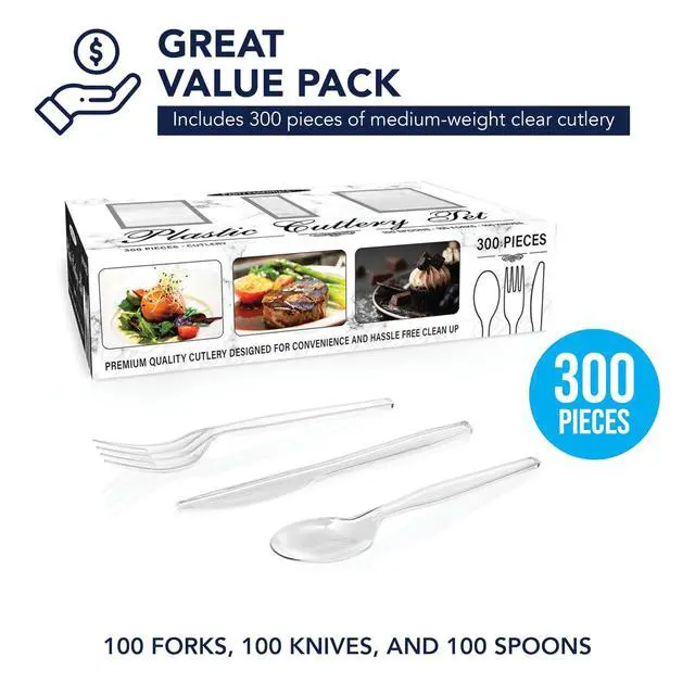 Alt view image 6 of 7 - Medium Weight Plastic Cutlery Combo Set, Includes Knives/Forks/Spoons, 300 Pieces/100 Place Settings, Clear
