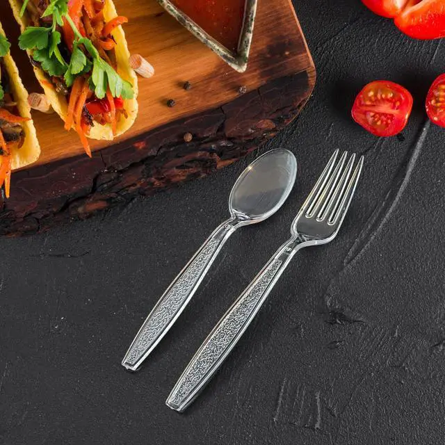 Alt view image 3 of 7 - 200 Count Plastic Silverware Heavy Duty - Clear Plastic Forks And Spoons Set - BPA Free Plastic Utensils Set - Heat Resistance Cutlery For All Occasions