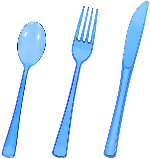 Main image of 75 Pack Royal Blue Clear Plastic Cutlery Heavy Duty Clear Blue Plastic Knives Forks and Spoons Disposable Silverware Set for 25 Guest Camping Birthday Baby Shower Party Utensil Set
