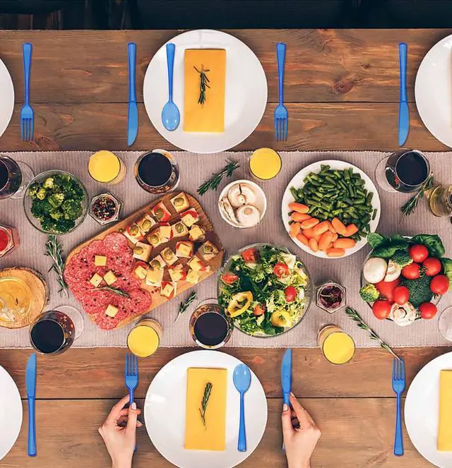 Alt view image 2 of 7 - 75 Pack Royal Blue Clear Plastic Cutlery Heavy Duty Clear Blue Plastic Knives Forks and Spoons Disposable Silverware Set for 25 Guest Camping Birthday Baby Shower Party Utensil Set